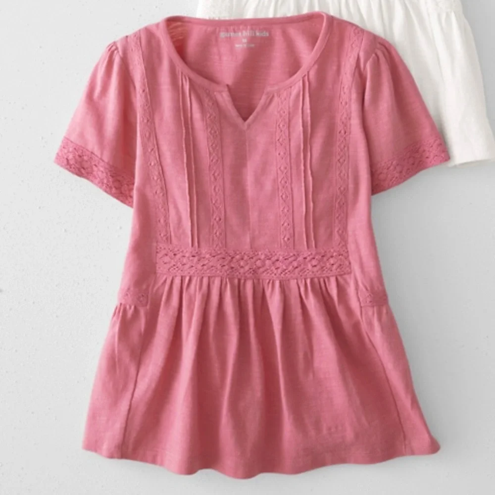 Garnet Hill Kids Girls XL Dusty Pink Pintucked Knit 100% Cotton Short-Sleeve Top - Picture 1 of 9